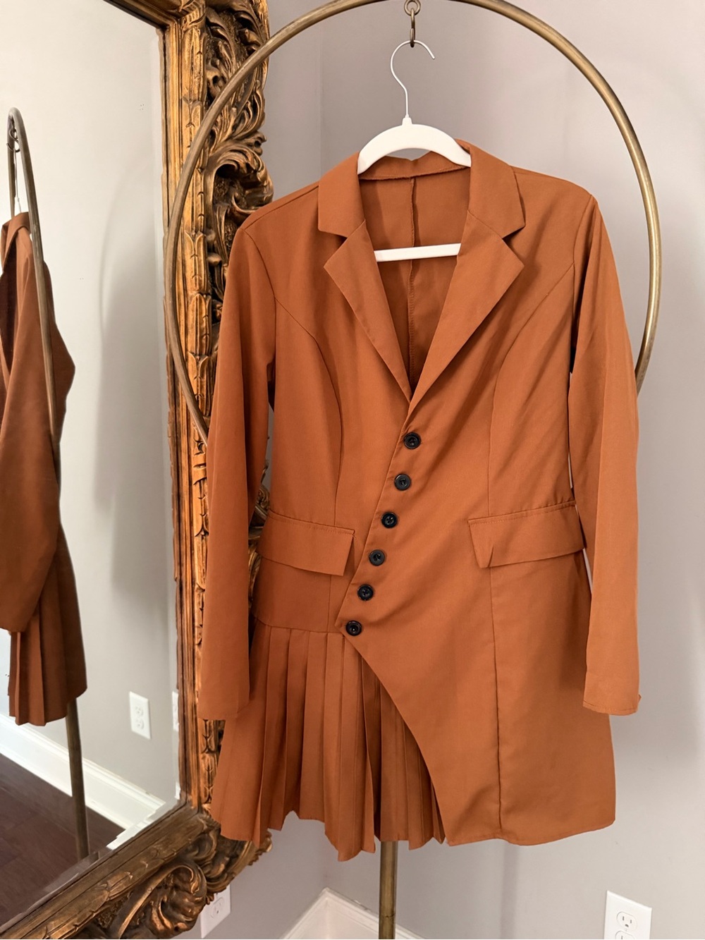 Rust Brown Asymmetric Pleated Blazer Jacket